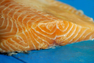 fillet of red raw salmon lies on a blue plastic board side view