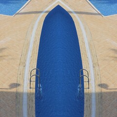 photograph of swimming pool area transformed into variations of straight and curved abstract patterns and designs