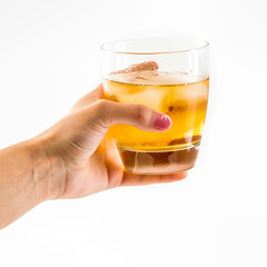 Female hand holding whisky glass white background