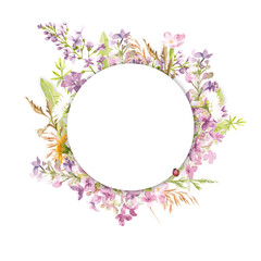 floral watercolor frame. Lilac flowers, dandelions and herbs. Great for the design of Internet posts, pages, for the design of greeting cards, congratulations, invitations.