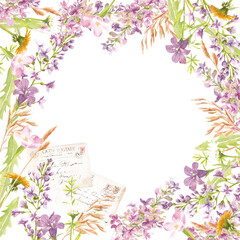 floral watercolor frame. Lilac flowers, dandelions and herbs. Great for the design of Internet posts, pages, for the design of greeting cards, congratulations, invitations.
