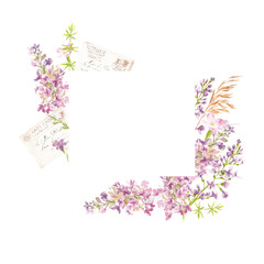 floral watercolor frame. Lilac flowers, dandelions and herbs. Great for the design of Internet posts, pages, for the design of greeting cards, congratulations, invitations.