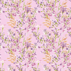 Obraz na płótnie Canvas floral watercolor pattern. Seamless pattern with lilac flowers and herbs on a white background.