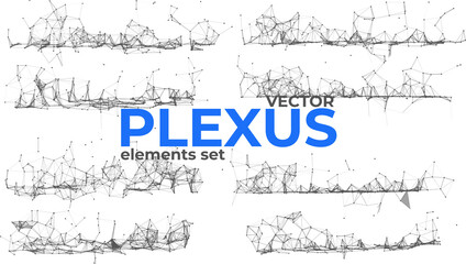 Abstract plexus design elements set. Geometric structures from dots and lines. Polygonal plexus elements isolated on white background.