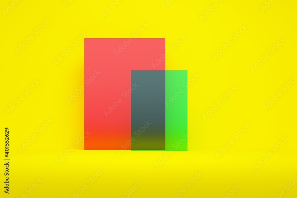 Poster yellow abstract background with red glass. backdrop design for product promotion. 3d rendering