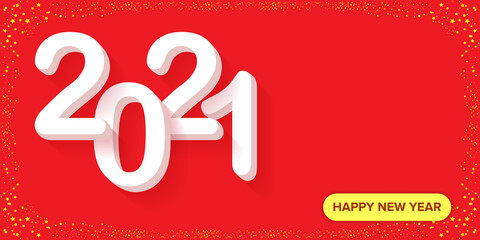 Naklejka premium 2021 Happy new year creative design horizontal banner background or greeting card with text. vector 2021 new year numbers with shadow isolated on red abstract background