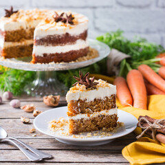 Homemade easter carrot cake with walnuts, nuts, spices