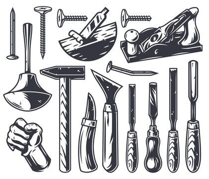Set of carpentry chisel tools, wood jointer, saw and hammer. Diy workshop kit