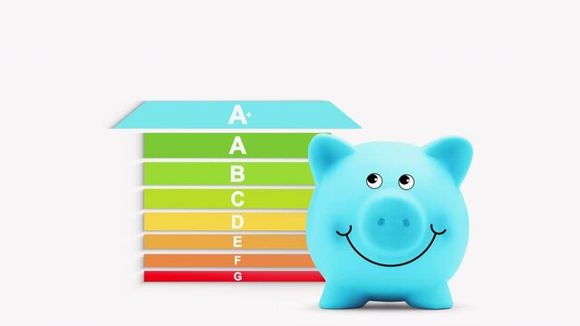 energy saving efficiency concept, house chart graph with piggy bank, certified savings class. building home rating classification. Alpha matte.