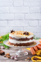 Homemade easter carrot cake with walnuts, nuts, spices