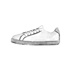 Watercolor white sneaker isolated on white. Hand drawn illustration of sport shoe. Fashionable footwear with lace.