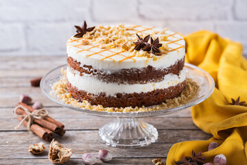 Homemade easter carrot cake with walnuts, nuts, spices