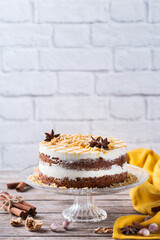 Homemade easter carrot cake with walnuts, nuts, spices
