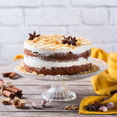 Homemade easter carrot cake with walnuts, nuts, spices