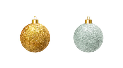 Vector golden and silver realistic Christmas balls. New Year and Christmas glitter decorative elements.