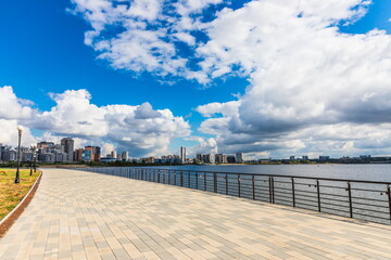 
the Kazanka river, on which the city is located, with comfortable embankments  in Kazan, Russia