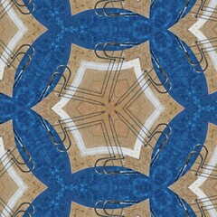 photograph of swimming pool area transformed into variations of straight and curved abstract patterns and hexagonal repeating designs