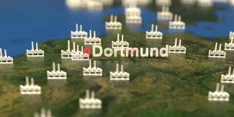 Factory icons near Dortmund city on the map, industrial production related 3D rendering