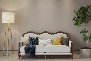 living interior with sofa and pillow and plant, 3d render 