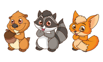 cute chipmunk with fox and raccoon comic cartoon characters © Gstudio