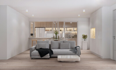 Minimal living room interior design and kitchen background