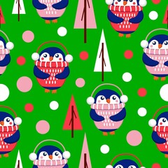 Seamless pattern with blue baby penguins wearing pink, red and white sweaters, hats and headphones. Green background. Fir trees. Merry Christmas. Wallpaper, textile, scrapbooking and wrapping paper