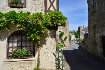 Fototapeta na wymiar Maison fleurie et la porte cochère de la rue Chabotin à Billy (03260), Allier en Auvergne-Rhône-Alpes, France