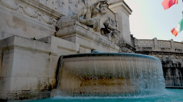 The view on the fountain that symbolize the Adriatic Sea figure is pensively lying down and hold a lion with his left hand.His head is covered by a sea shell