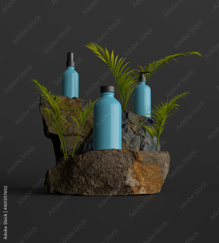 Aufkleber 3d render of natural stones podium with rocks and green elements. minimal composition. beautiful cre