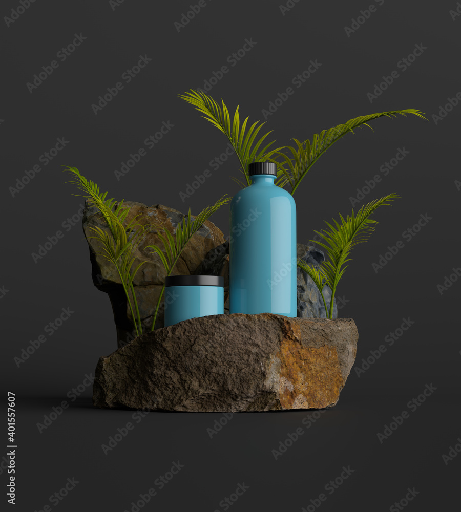 Aufkleber 3d render of natural stones podium with rocks and green elements. minimal composition. beautiful cre