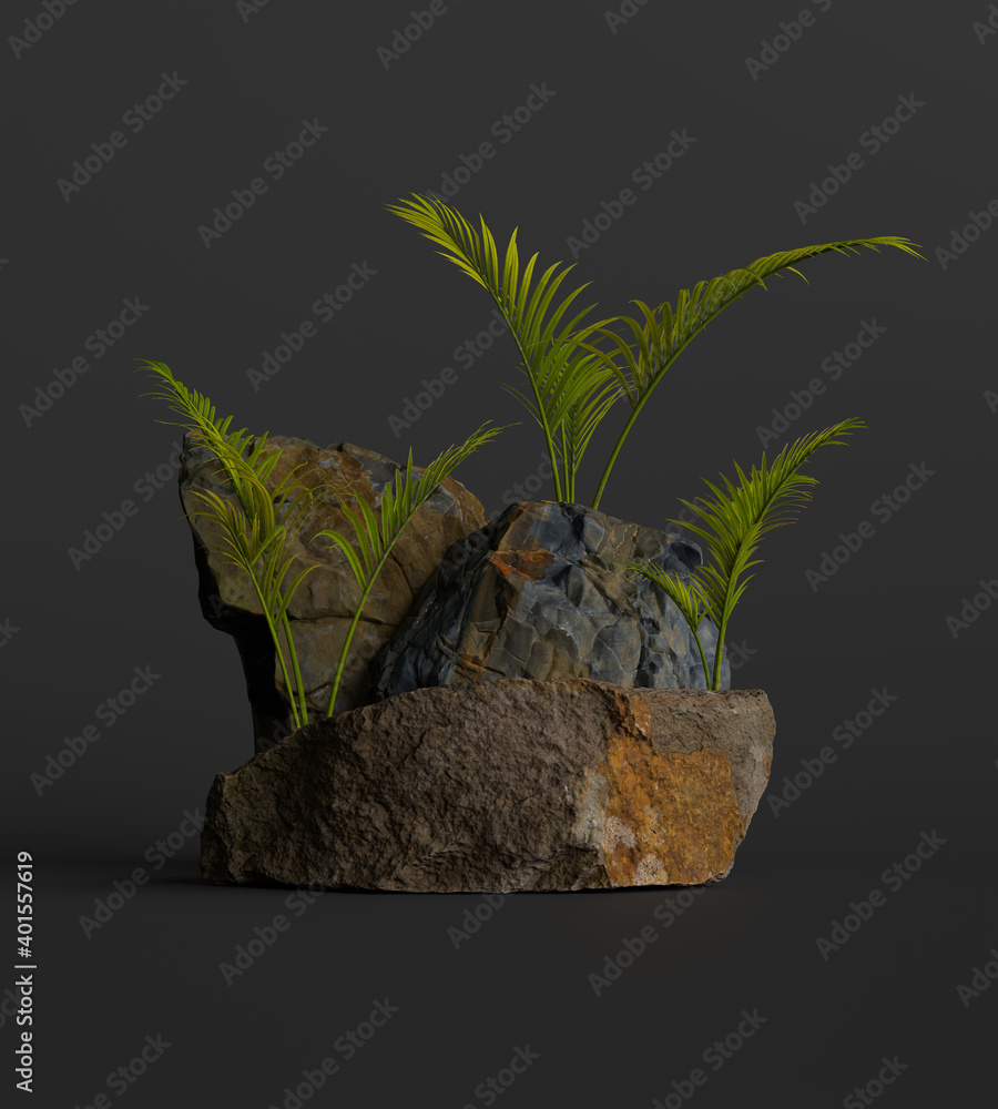 Aufkleber 3d render of empty natural stones podium with rocks and green elements. minimal composition. beautif