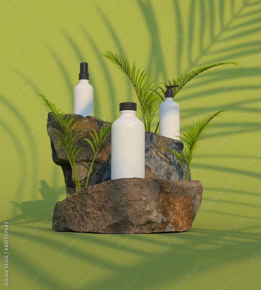 Aufkleber 3d render of natural stones podium with rocks and green elements. minimal composition. beautiful cre