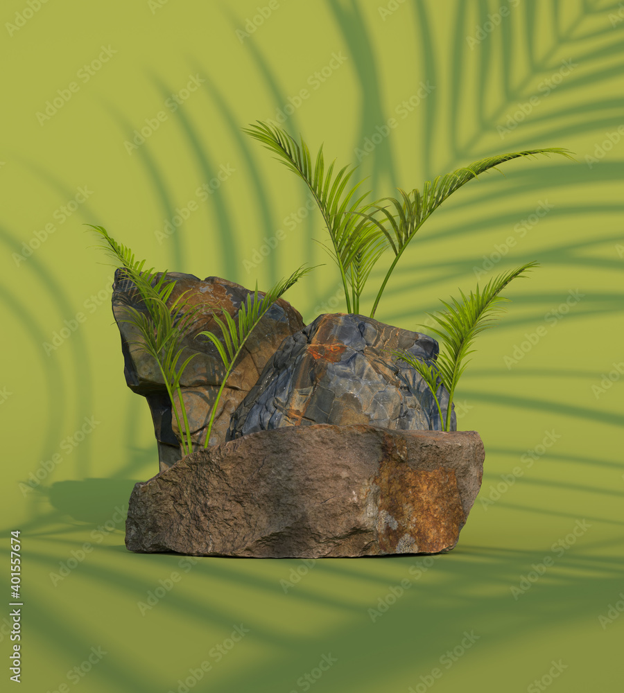 Aufkleber 3d render of empty natural stones podium with rocks and green elements. minimal composition. beautif