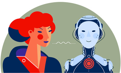 A woman and robot with artificial intelligence looking at each other