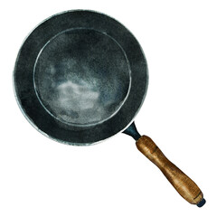Black frying pan with wooden handle isolated on white. Watercolor hand drawn illustration of kitchen ware. Skillet for food cooking, dish and recipe.