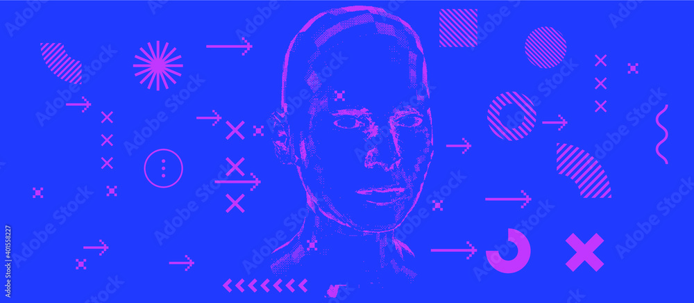 Poster Android head made of pixels and particles. Artificial Intelligence, Neural network and futuristic technology concept.  