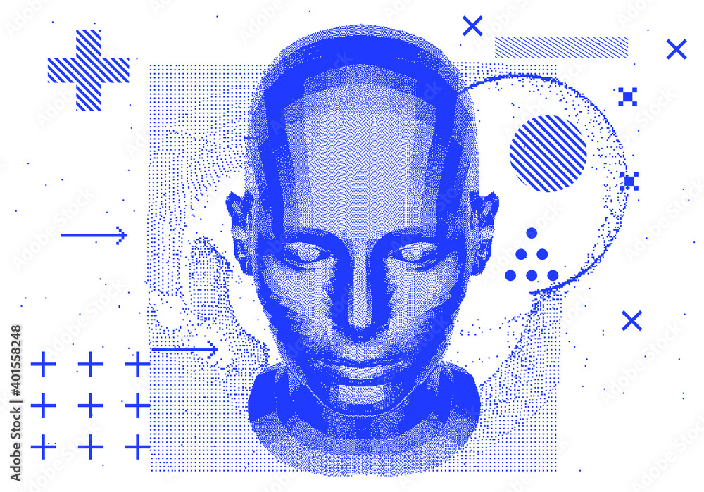 Poster Low poly android head made of pixels and particles. Artificial Intelligence, Neural network and futuristic technology concept.  