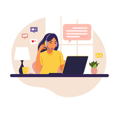 Operator girl with computer, headphones and microphone. Outsource, consulting, job online, remove job. Call center. Flat vector illustration on white background.