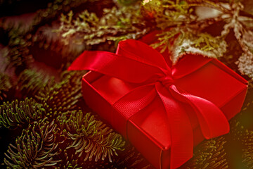 Pink gift box with a bow in the fir branches. Festive background with a gift.