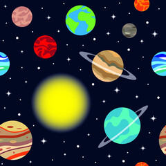 Solar system planet seamless pattern. Galaxy, space, cosmic exploration. Vector illustration.