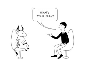 Year of Ox and man are talking. Vector black outline image.