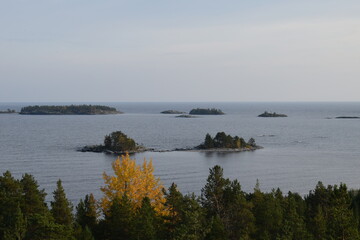 Ladoga lake and autumn lights from above and below