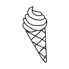 Black hand-drawn vector illustration of One fresh cold ice cream in a waffle cone isolated on a white background