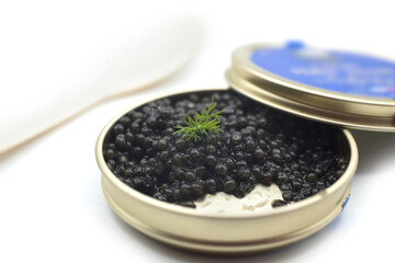  Closeup of caviar in a white nacre spoon with the metalllic box on white background