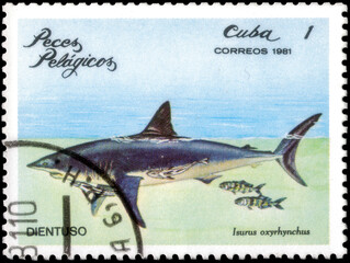 Postage stamp issued in the Cuba the image of the Shortfin Mako Shark, Isurus oxyrinchus. From the...