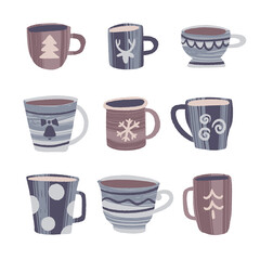 Hand drawn colorful winter hot beverages in christmas mugs and cups set.