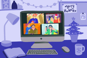 Online celebrate Christmas. Virtual party, meet up, video conference.