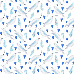 Watercolor birds and hearts seamless pattern. Watercolor fabric. Repeat birds Use for design invitations, birthdays