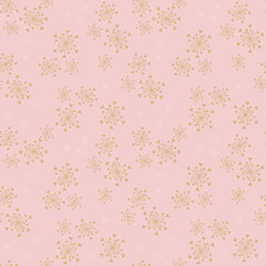 Golden vector seamless pattern with abstract snowflakes and tiny hearts. Doodle style minimalist background. Subtle gold and pink texture. Elegant repeat design for decor, print, textile, wallpapers