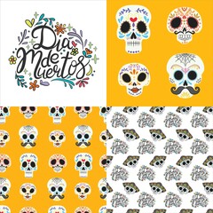 Obraz premium Set of seamless patterns with skulls, flowers and candles for Dia de los mueros (Day of the dead) and Halloween. Vector